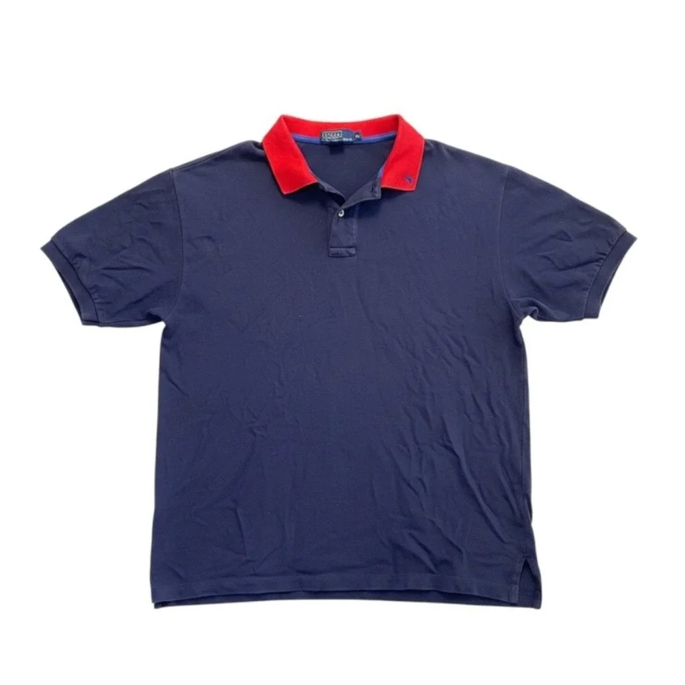 Vintage Ralph Lauren Polo Shirt Contrast Collar XL Navy Blue Red Cotton Preppy